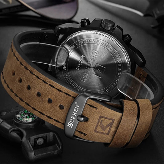 CURREN Luxury Chronograph Leather Watch - Dark Brown