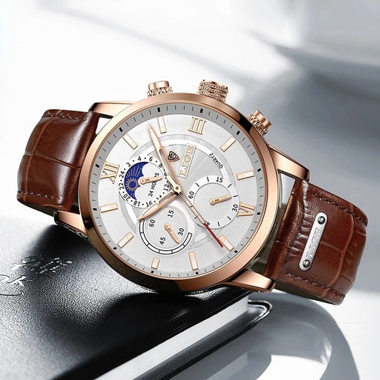 LIGE Chronograph Leather Watch - Brown