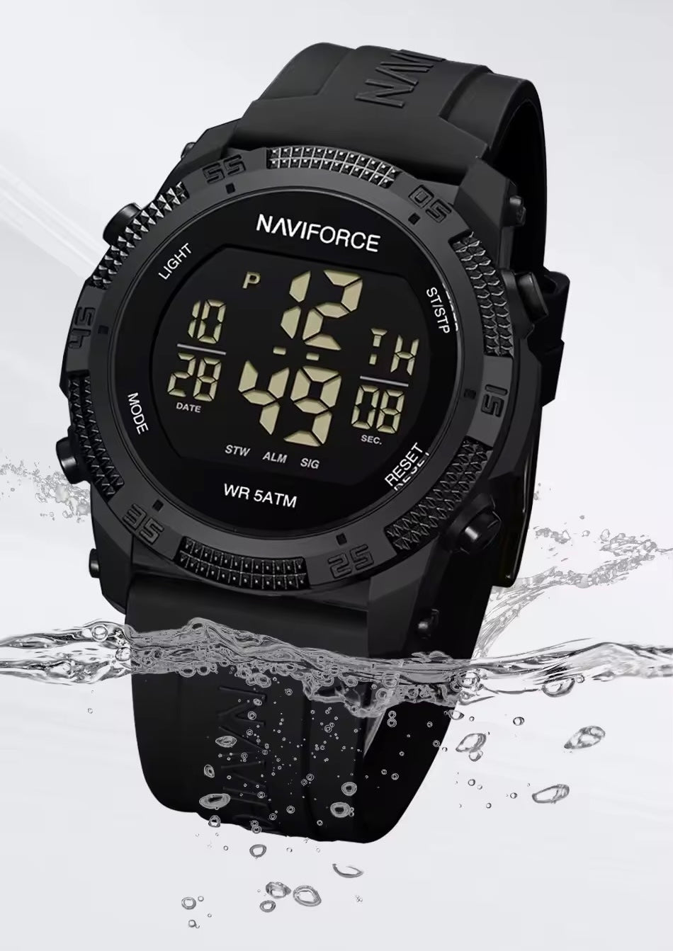 Naviforce digital watch with water resistance feature on a white background