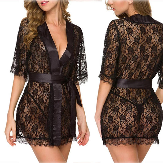 Lisa Sexy Lingerie Robe Set With G-String - Black