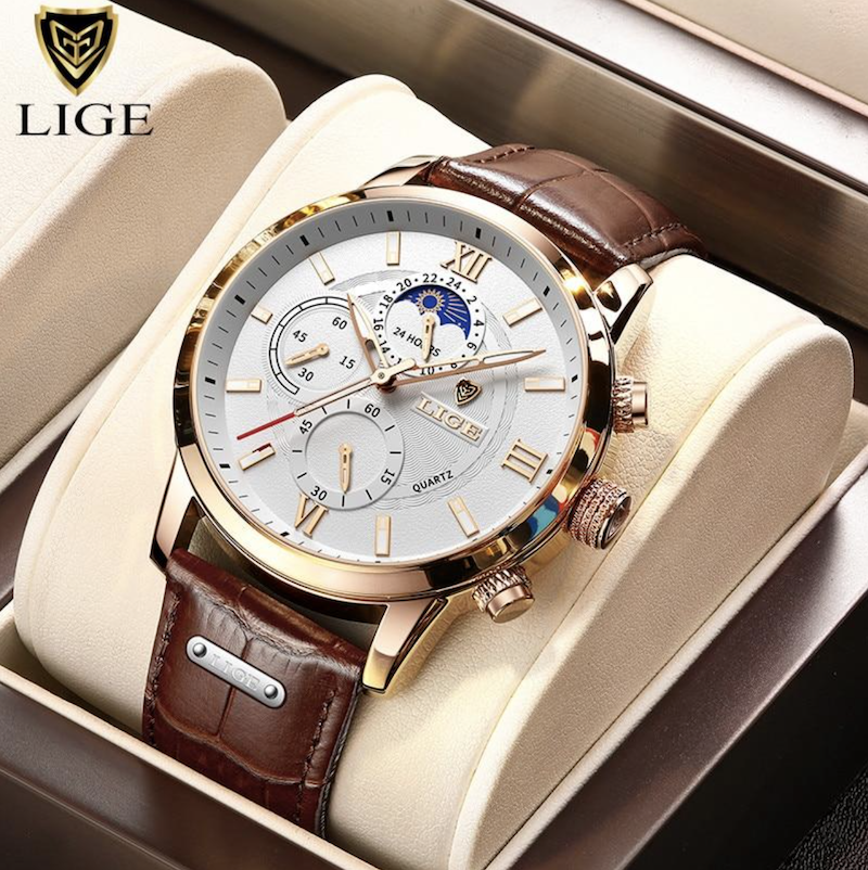 LIGE Chronograph Leather Watch - Brown
