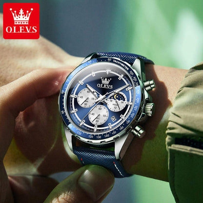 Olevs Men's Multifunctional Chronograph Leather Watch - Blue