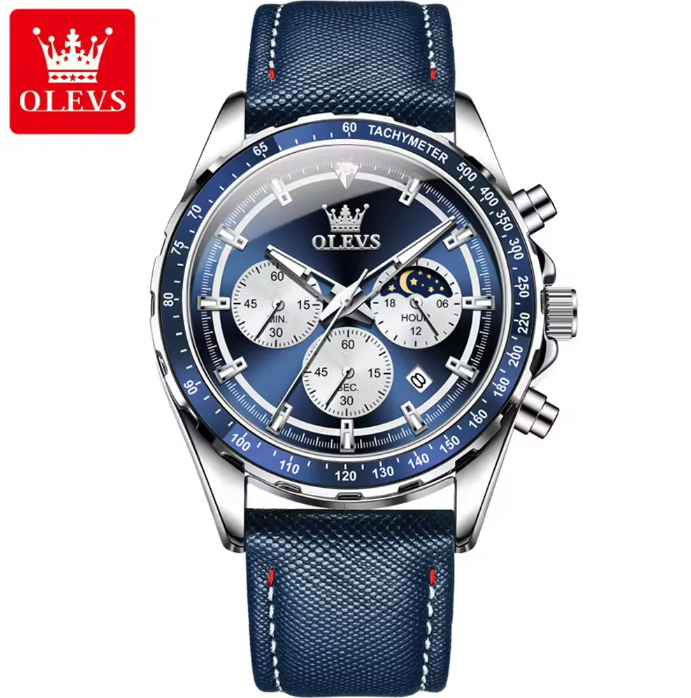 Olevs Men's Multifunctional Chronograph Leather Watch - Blue