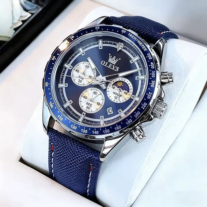 Olevs Men's Multifunctional Chronograph Leather Watch - Blue