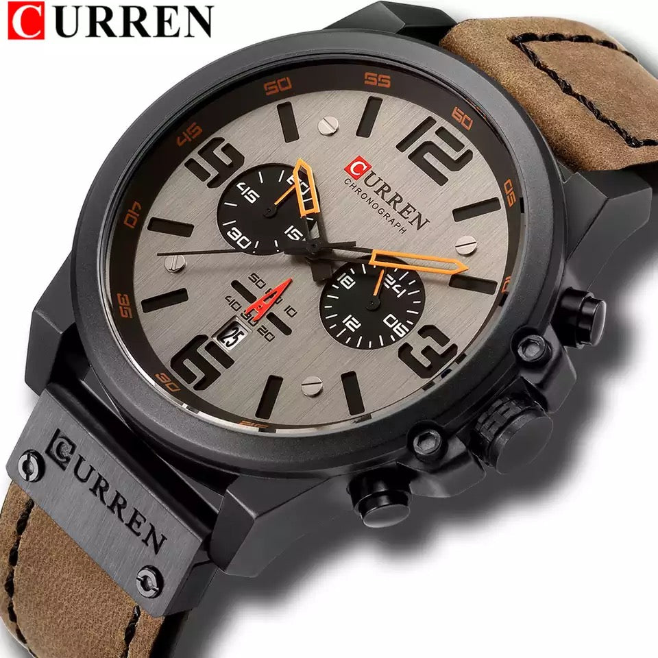 CURREN Luxury Chronograph Leather Watch - Dark Brown