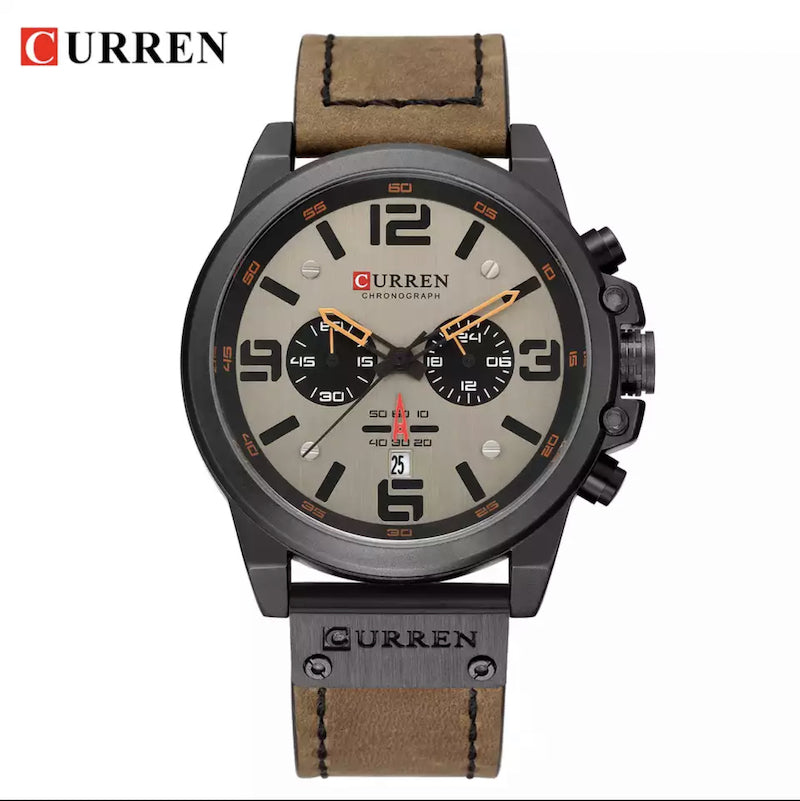 CURREN Luxury Chronograph Leather Watch - Dark Brown