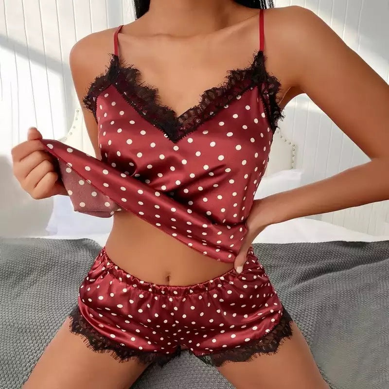 Dot Print Satin Sexy Lingerie Pyjamas Set