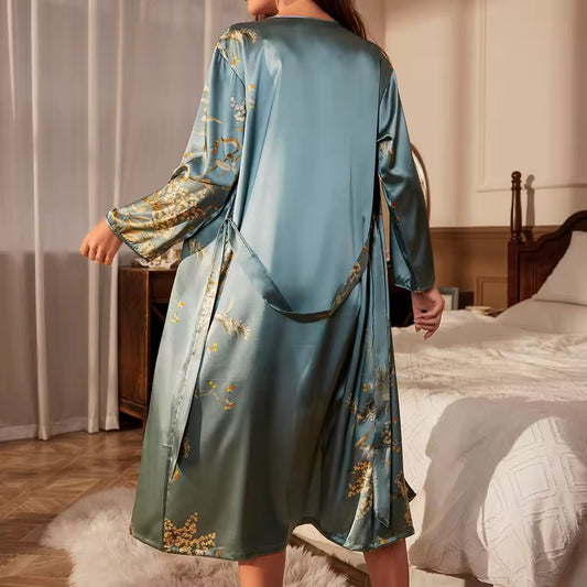 Cherry Silk Satin Robe - Green
